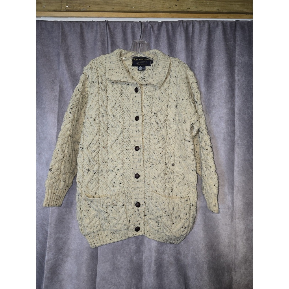 Skye Knitwear Speckled Cream Wool Chunky Cable Knit Button Up Sweater Size PS